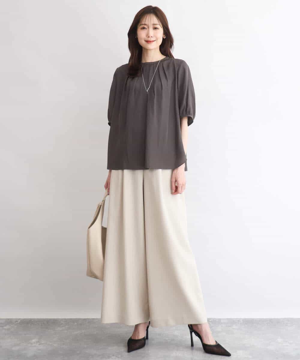 FKLGD55160 MK MICHEL KLEIN(MK ミッシェルクラン) [UVカット/防シワ/抗ピリング/洗える]ピンストライプ柄プルオンワイドパンツ ブラウン