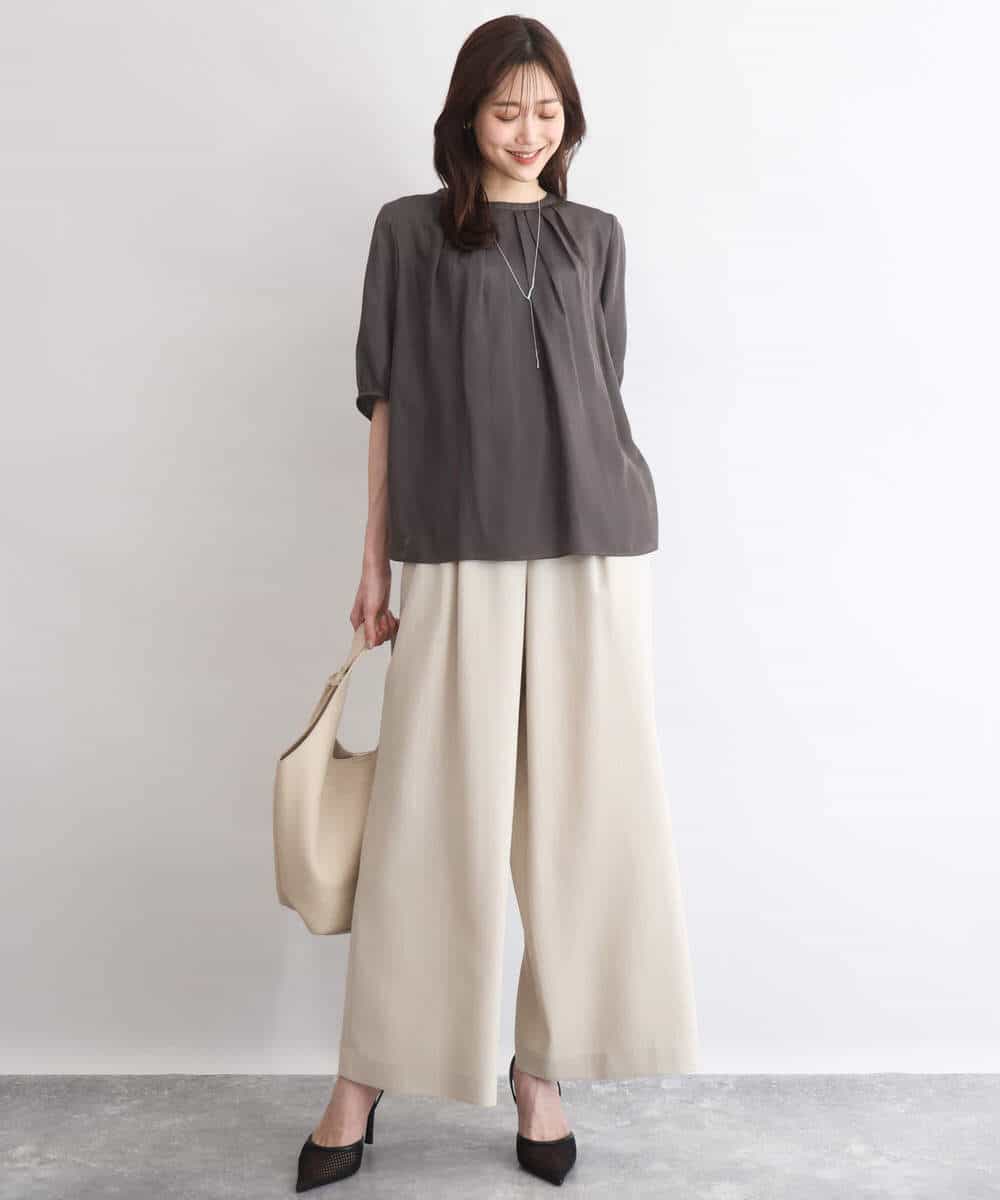 FKLGD55160 MK MICHEL KLEIN(MK ミッシェルクラン) [UVカット/防シワ/抗ピリング/洗える]ピンストライプ柄プルオンワイドパンツ ブラウン