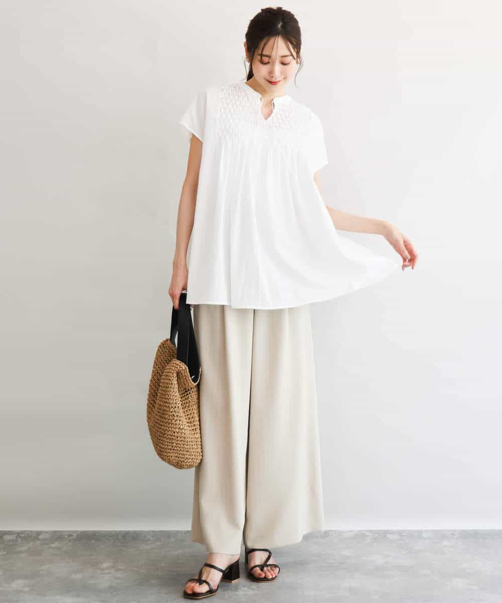 FKLGD55160 MK MICHEL KLEIN(MK ミッシェルクラン) [UVカット/防シワ/抗ピリング/洗える]ピンストライプ柄プルオンワイドパンツ ブラウン