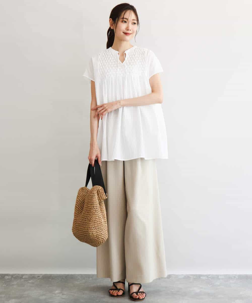 FKLGD55160 MK MICHEL KLEIN(MK ミッシェルクラン) [UVカット/防シワ/抗ピリング/洗える]ピンストライプ柄プルオンワイドパンツ ブラウン