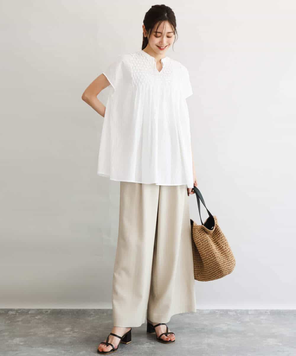 FKLGD55160 MK MICHEL KLEIN(MK ミッシェルクラン) [UVカット/防シワ/抗ピリング/洗える]ピンストライプ柄プルオンワイドパンツ ブラウン