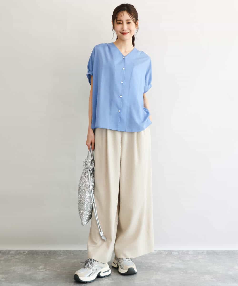 FKLGD55160 MK MICHEL KLEIN(MK ミッシェルクラン) [UVカット/防シワ/抗ピリング/洗える]ピンストライプ柄プルオンワイドパンツ ブラウン