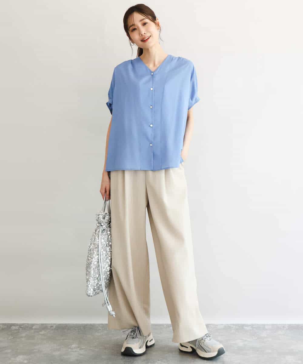 FKLGD55160 MK MICHEL KLEIN(MK ミッシェルクラン) [UVカット/防シワ/抗ピリング/洗える]ピンストライプ柄プルオンワイドパンツ ブラウン