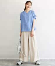 FKLGD55160 MK MICHEL KLEIN(MK ミッシェルクラン) [UVカット/防シワ/抗ピリング/洗える]ピンストライプ柄プルオンワイドパンツ ブラウン