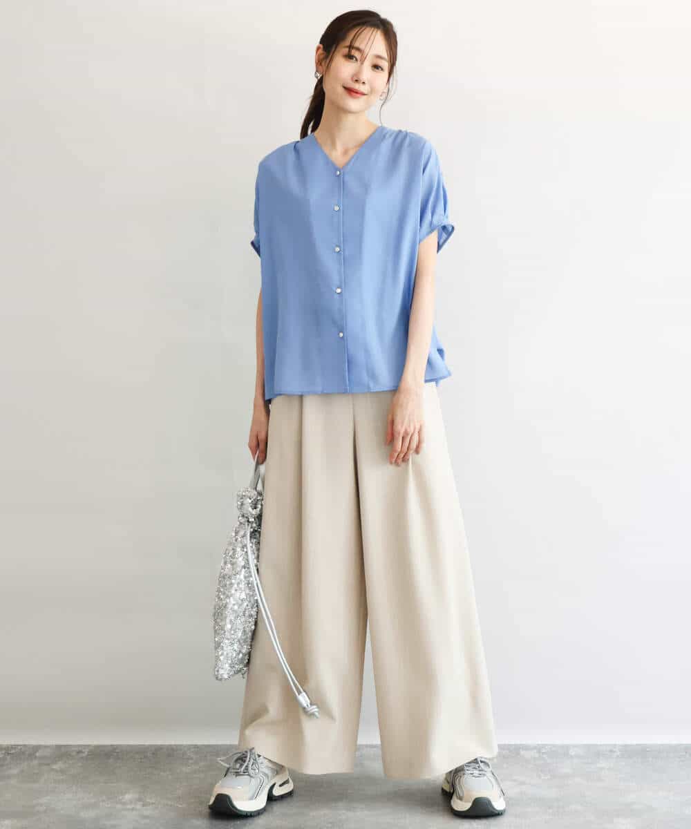 FKLGD55160 MK MICHEL KLEIN(MK ミッシェルクラン) [UVカット/防シワ/抗ピリング/洗える]ピンストライプ柄プルオンワイドパンツ ブラウン