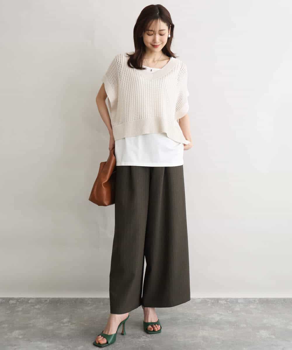 FKLGD55160 MK MICHEL KLEIN(MK ミッシェルクラン) [UVカット/防シワ/抗ピリング/洗える]ピンストライプ柄プルオンワイドパンツ ブラウン