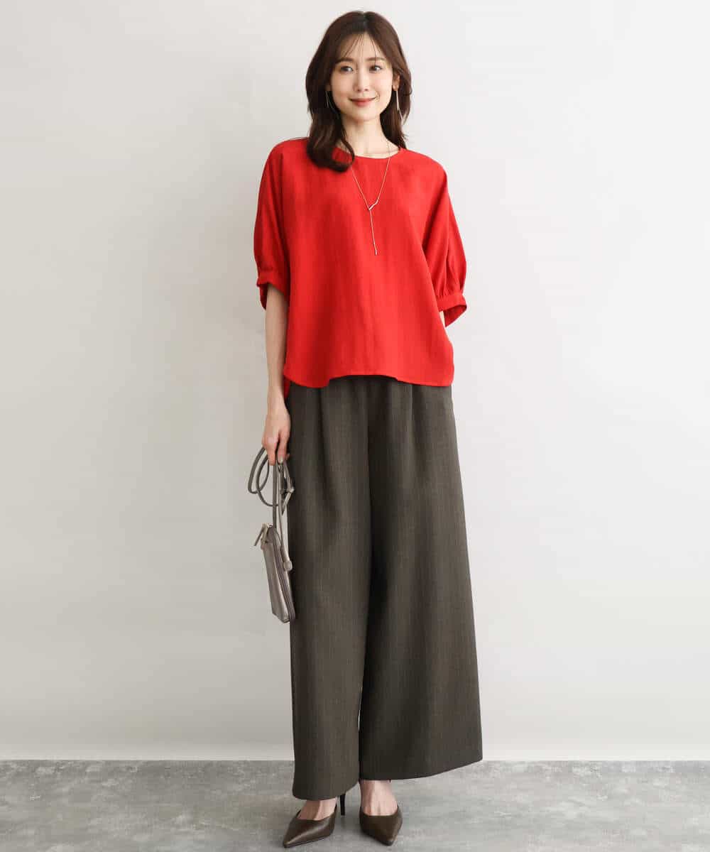 FKLGD55160 MK MICHEL KLEIN(MK ミッシェルクラン) [UVカット/防シワ/抗ピリング/洗える]ピンストライプ柄プルオンワイドパンツ ブラウン