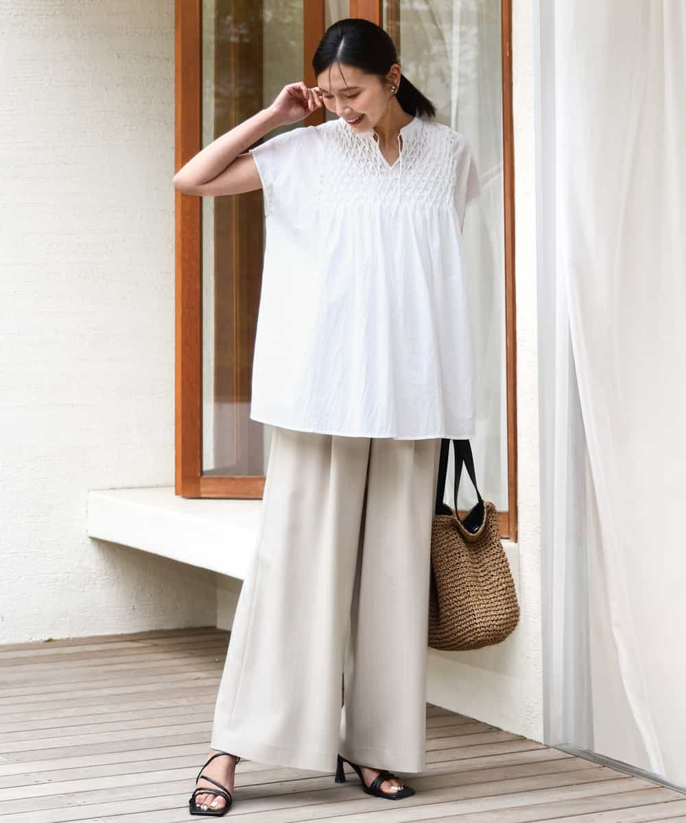 FKLGD55160 MK MICHEL KLEIN(MK ミッシェルクラン) [UVカット/防シワ/抗ピリング/洗える]ピンストライプ柄プルオンワイドパンツ ブラウン