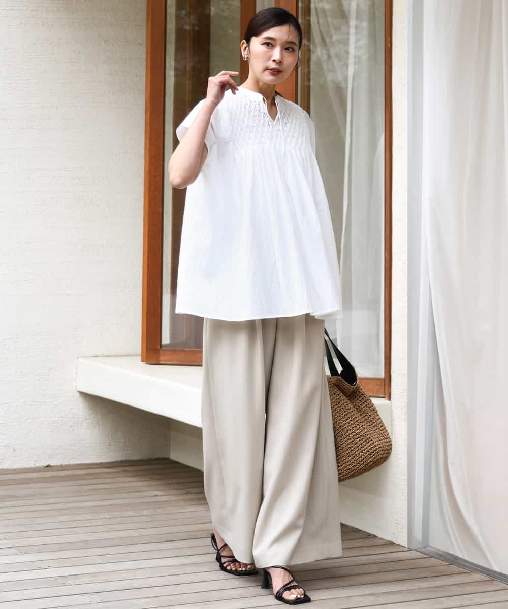 FKLGD55160 MK MICHEL KLEIN(MK ミッシェルクラン) [UVカット/防シワ/抗ピリング/洗える]ピンストライプ柄プルオンワイドパンツ ブラウン