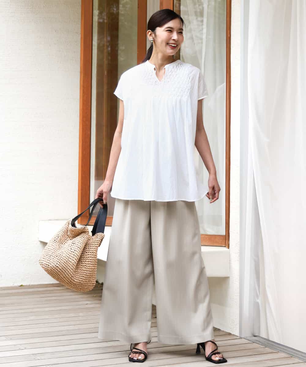 FKLGD55160 MK MICHEL KLEIN(MK ミッシェルクラン) [UVカット/防シワ/抗ピリング/洗える]ピンストライプ柄プルオンワイドパンツ ブラウン