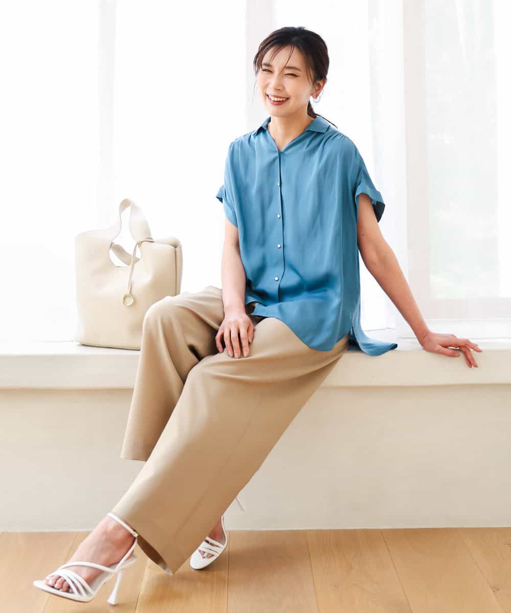 FKLGD56160 MK MICHEL KLEIN(MK ミッシェルクラン) [洗える]リネンライクストレッチ ストレートワイドパンツ ベージュ