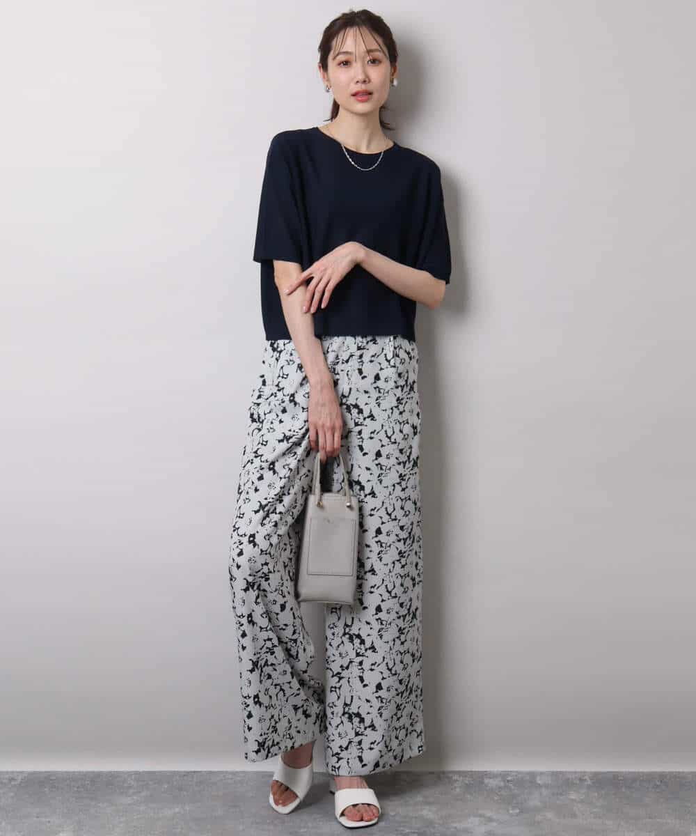 FKLHA63160 MK MICHEL KLEIN(MK ミッシェルクラン) フラワー柄ワイドパンツ/洗える ブラック