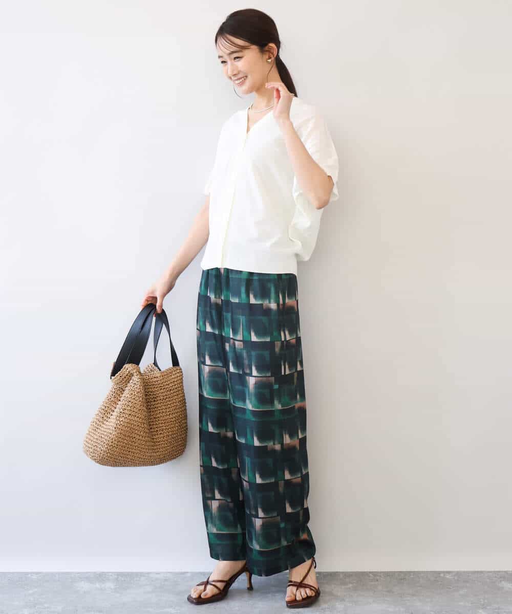 FKLHD62180 MK MICHEL KLEIN(MK ミッシェルクラン) [接触冷感/洗える]アートプリント ワイドパンツ グリーン