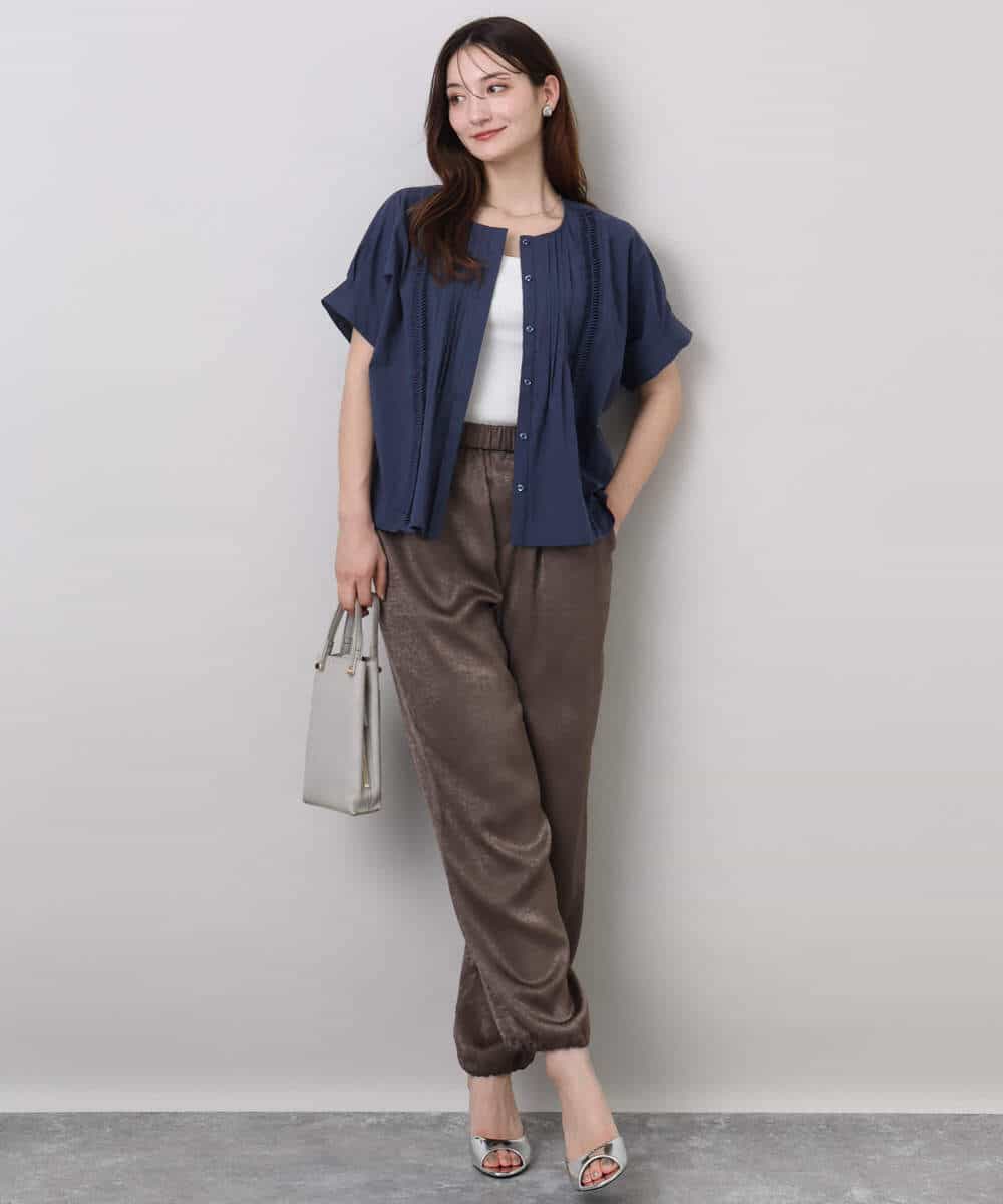 FKLJA85150 MK MICHEL KLEIN(MK ミッシェルクラン) サテンヴィンテージ調ワイドパンツ/接触冷感/洗える ライトグレー