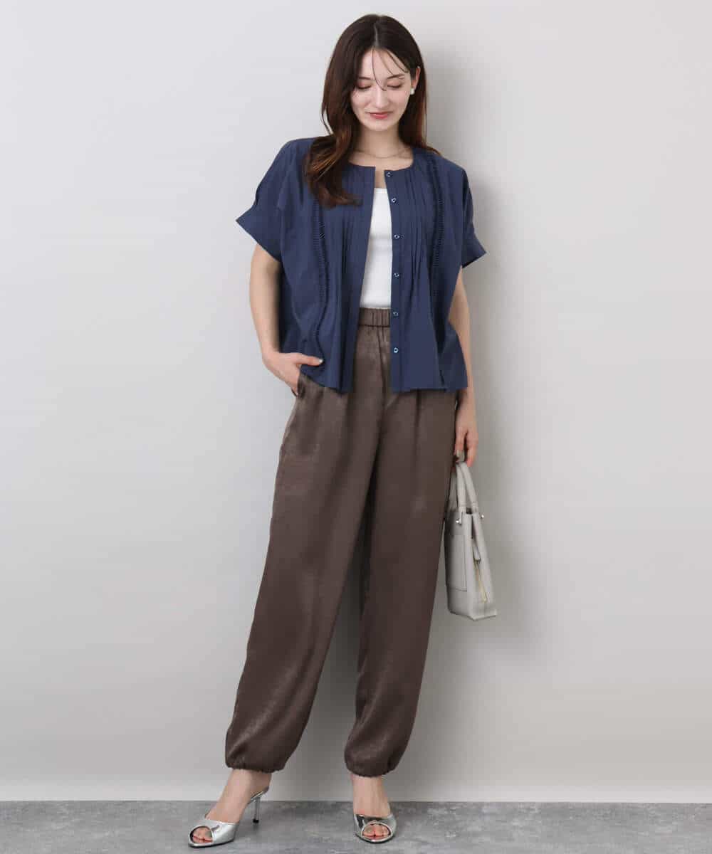 FKLJA85150 MK MICHEL KLEIN(MK ミッシェルクラン) サテンヴィンテージ調ワイドパンツ/接触冷感/洗える ライトグレー