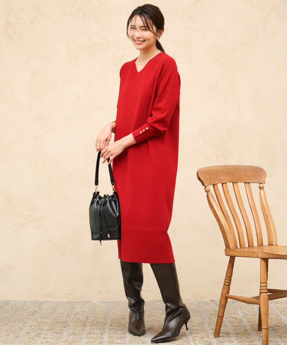 FKPAG43200 MK MICHEL KLEIN(MK ミッシェルクラン) [洗える]Vネックニットワンピース レッド