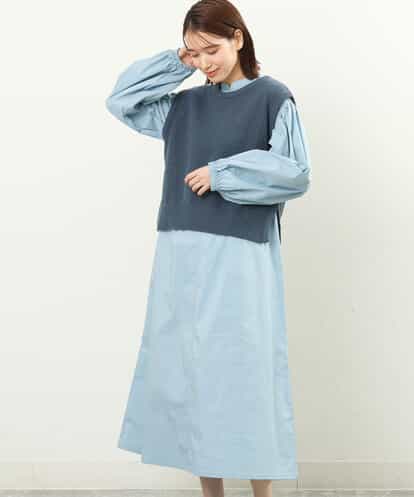 FKPFS02190  メッシュ編みニットベスト×シャツワンピース/洗える