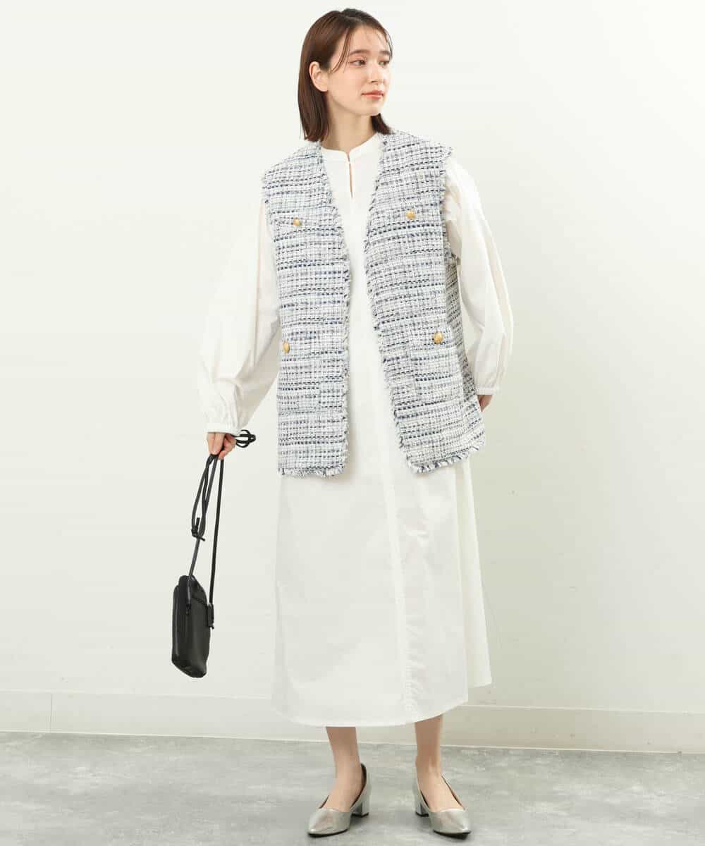 FKPFS02190 MK MICHEL KLEIN(MK ミッシェルクラン) メッシュ編みニットベスト×シャツワンピース/洗える ホワイト