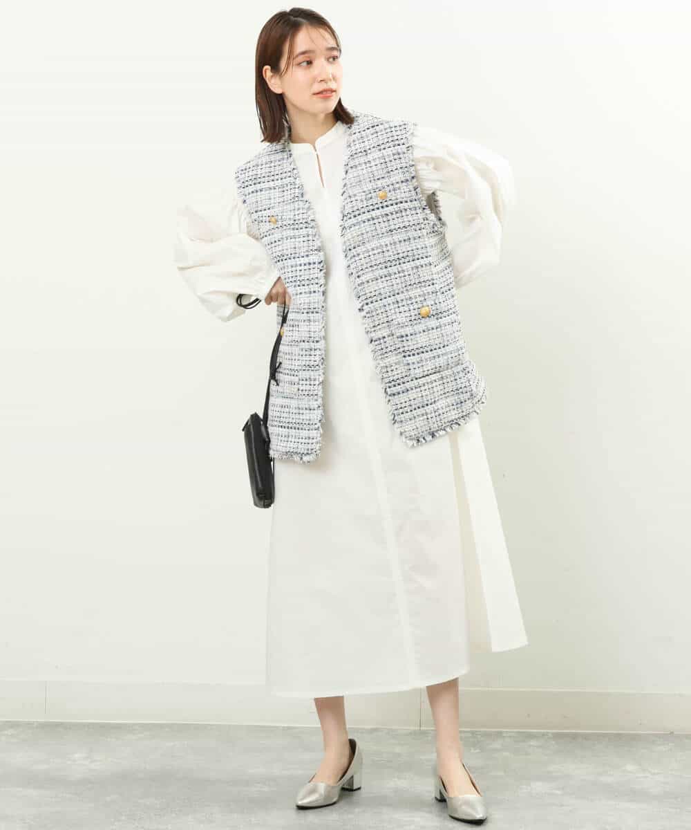 FKPFS02190 MK MICHEL KLEIN(MK ミッシェルクラン) メッシュ編みニットベスト×シャツワンピース/洗える ホワイト