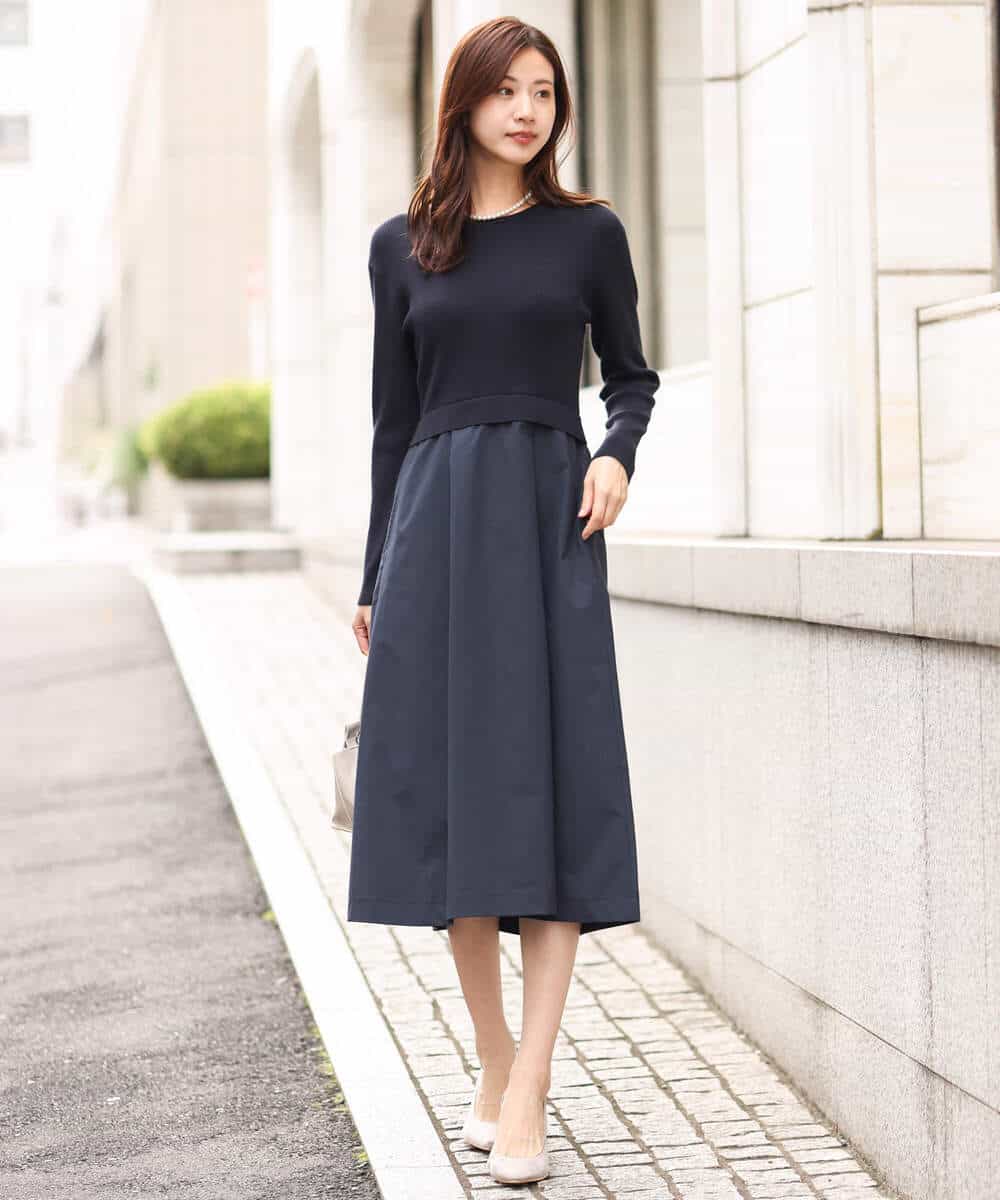 FKPFV11190 MK MICHEL KLEIN(MK ミッシェルクラン) ニット×タフタコンビワンピース/洗える ホワイト×ブラック