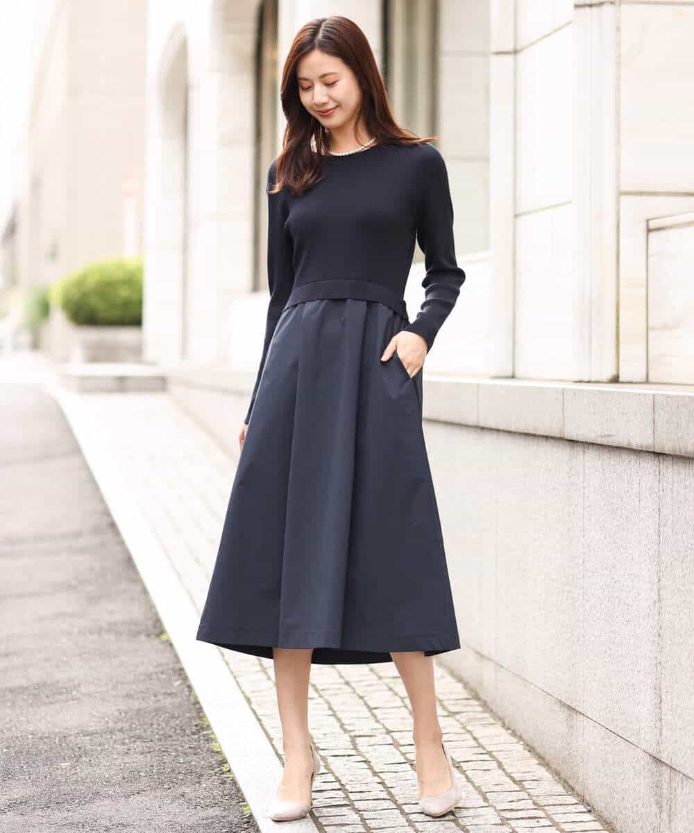 FKPFV11190 MK MICHEL KLEIN(MK ミッシェルクラン) ニット×タフタコンビワンピース/洗える ホワイト×ブラック