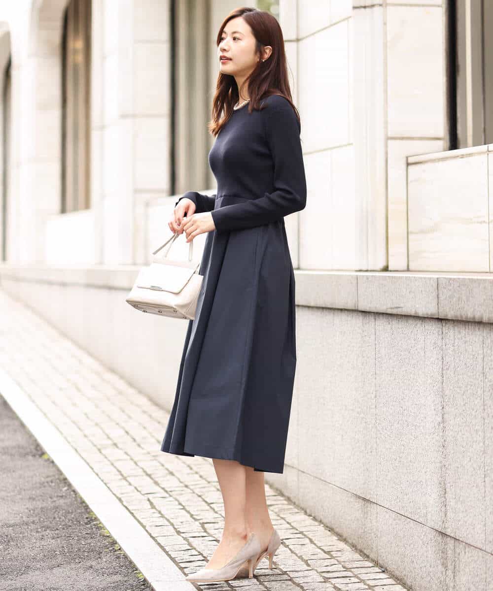 FKPFV11190 MK MICHEL KLEIN(MK ミッシェルクラン) ニット×タフタコンビワンピース/洗える ホワイト×ブラック