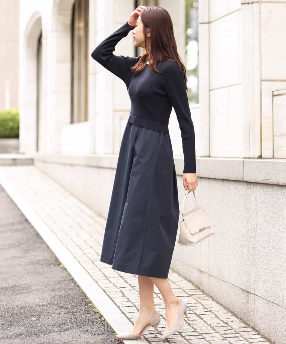 FKPFV11190 MK MICHEL KLEIN(MK ミッシェルクラン) ニット×タフタコンビワンピース/洗える ホワイト×ブラック