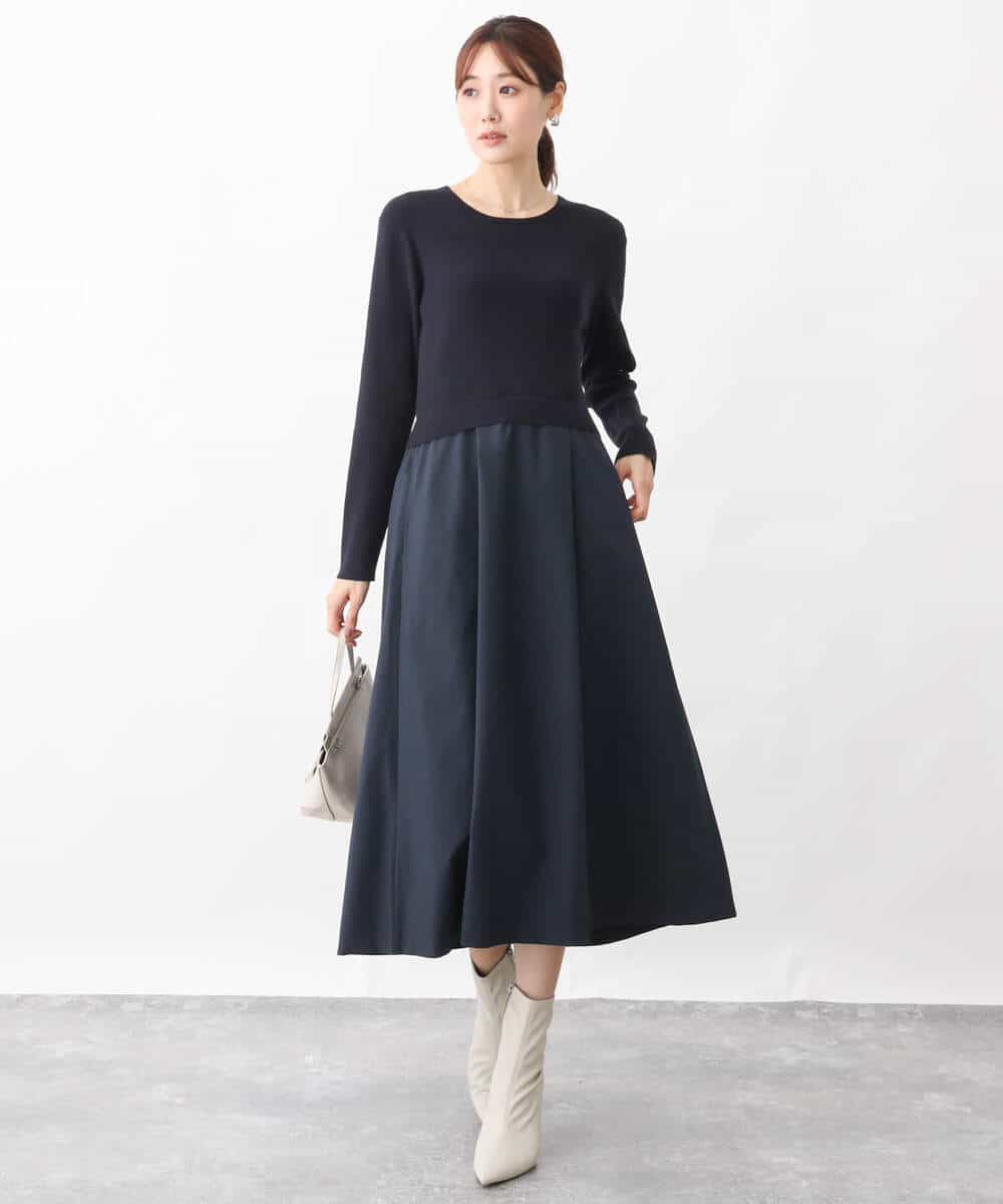 FKPFV11190 MK MICHEL KLEIN(MK ミッシェルクラン) ニット×タフタコンビワンピース/洗える ホワイト×ブラック