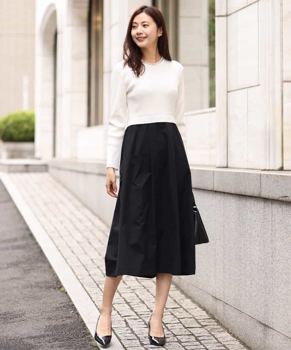 FKPFV11190 MK MICHEL KLEIN(MK ミッシェルクラン) ニット×タフタコンビワンピース/洗える ホワイト×ブラック