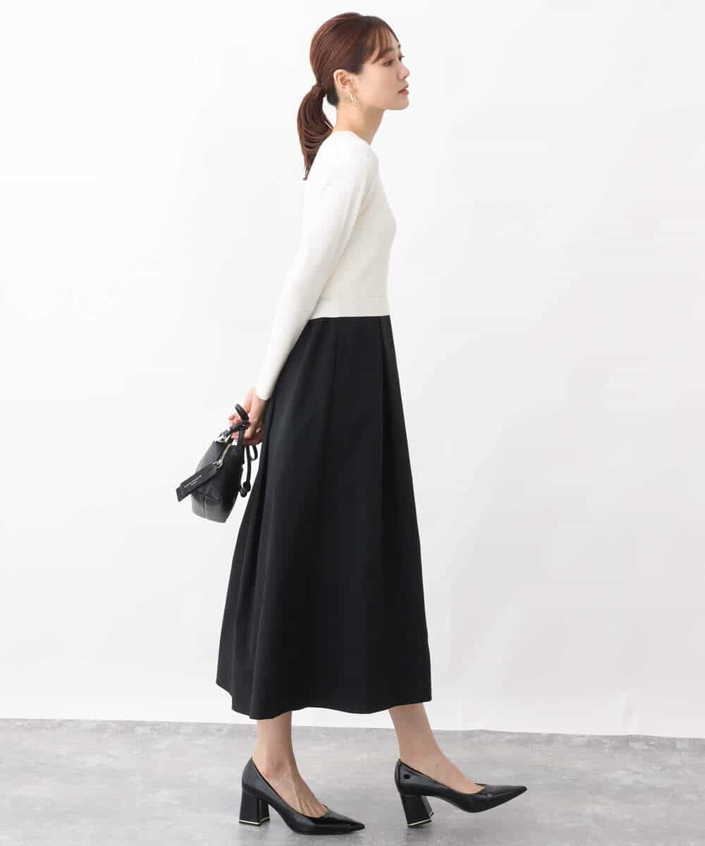 FKPFV11190 MK MICHEL KLEIN(MK ミッシェルクラン) ニット×タフタコンビワンピース/洗える ホワイト×ブラック