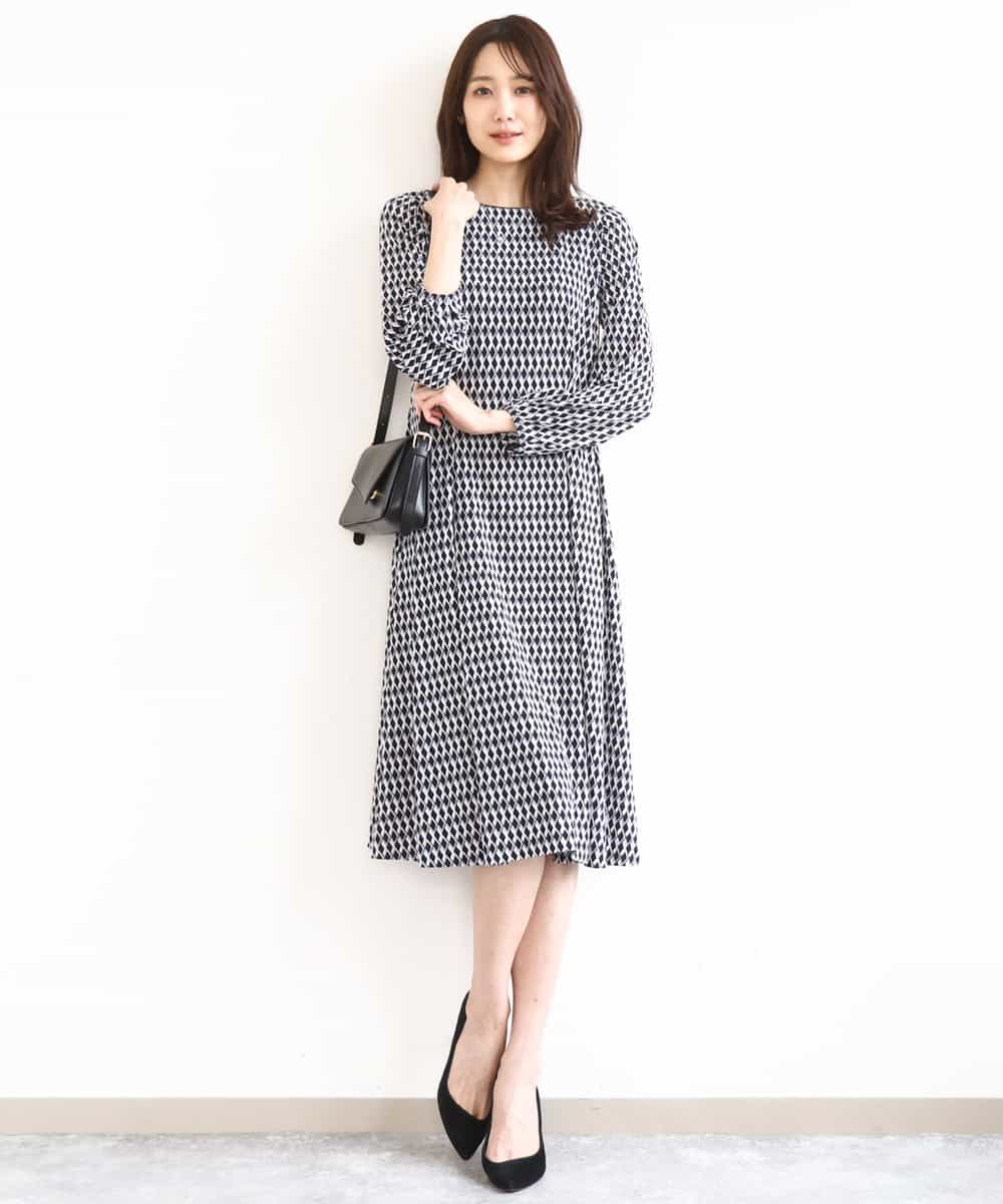 FKPGD20190 MK MICHEL KLEIN(MK ミッシェルクラン) [Iイージーケア]幾何柄ジャージーワンピース/洗える ブラック