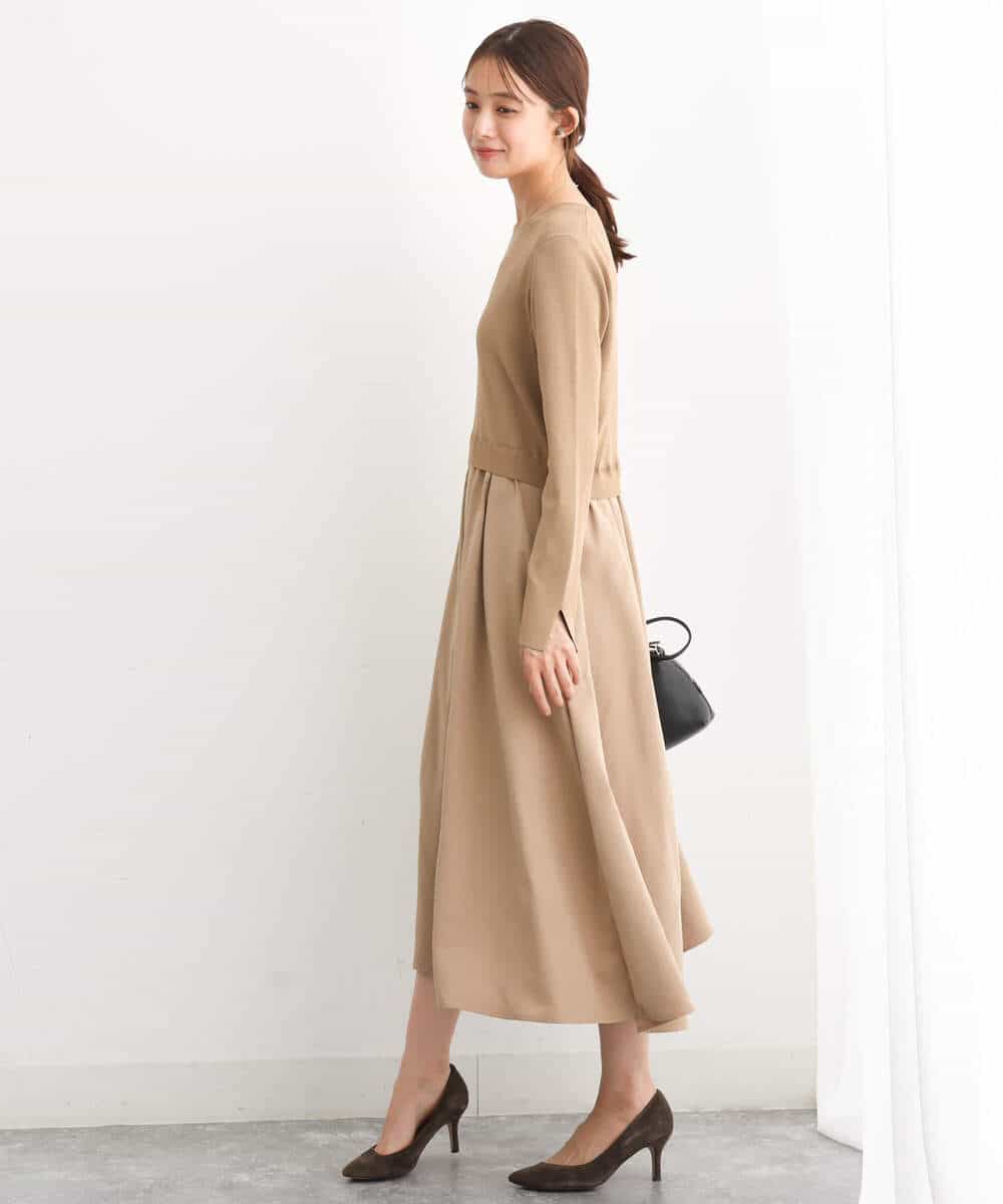 FKPJS06190 MK MICHEL KLEIN(MK ミッシェルクラン) ドッキングデザインワンピース/洗える キャメル