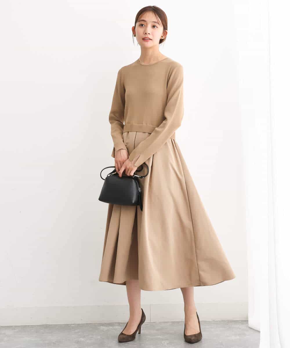 FKPJS06190 MK MICHEL KLEIN(MK ミッシェルクラン) ドッキングデザインワンピース/洗える キャメル