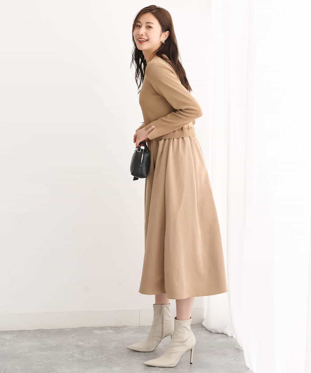 FKPJS06190 MK MICHEL KLEIN(MK ミッシェルクラン) ドッキングデザインワンピース/洗える キャメル