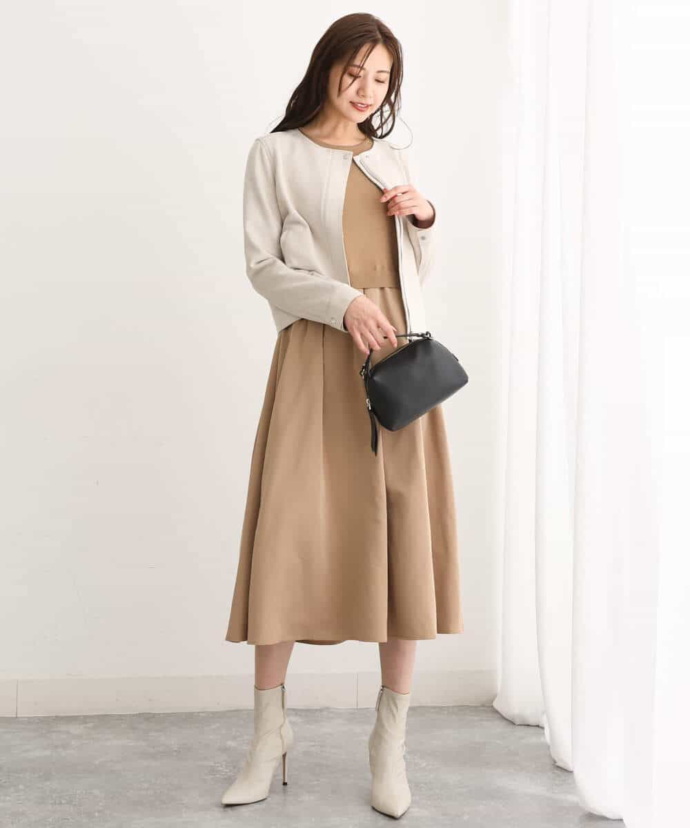 FKPJS06190 MK MICHEL KLEIN(MK ミッシェルクラン) ドッキングデザインワンピース/洗える キャメル