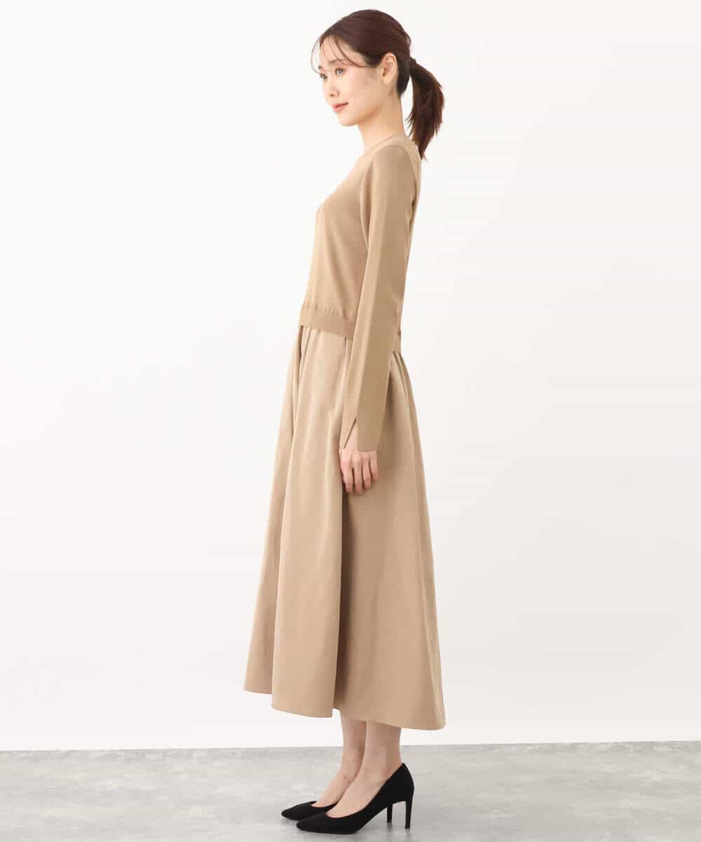 FKPJS06190 MK MICHEL KLEIN(MK ミッシェルクラン) ドッキングデザインワンピース/洗える キャメル