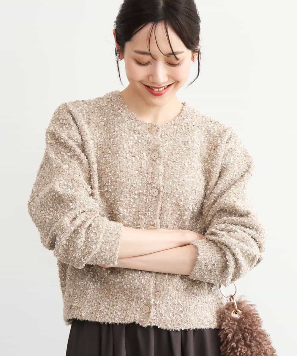 FKSAG41180 MK MICHEL KLEIN(MK ミッシェルクラン) [洗える]カノコラメツイード風ニットカーディガン キャメル