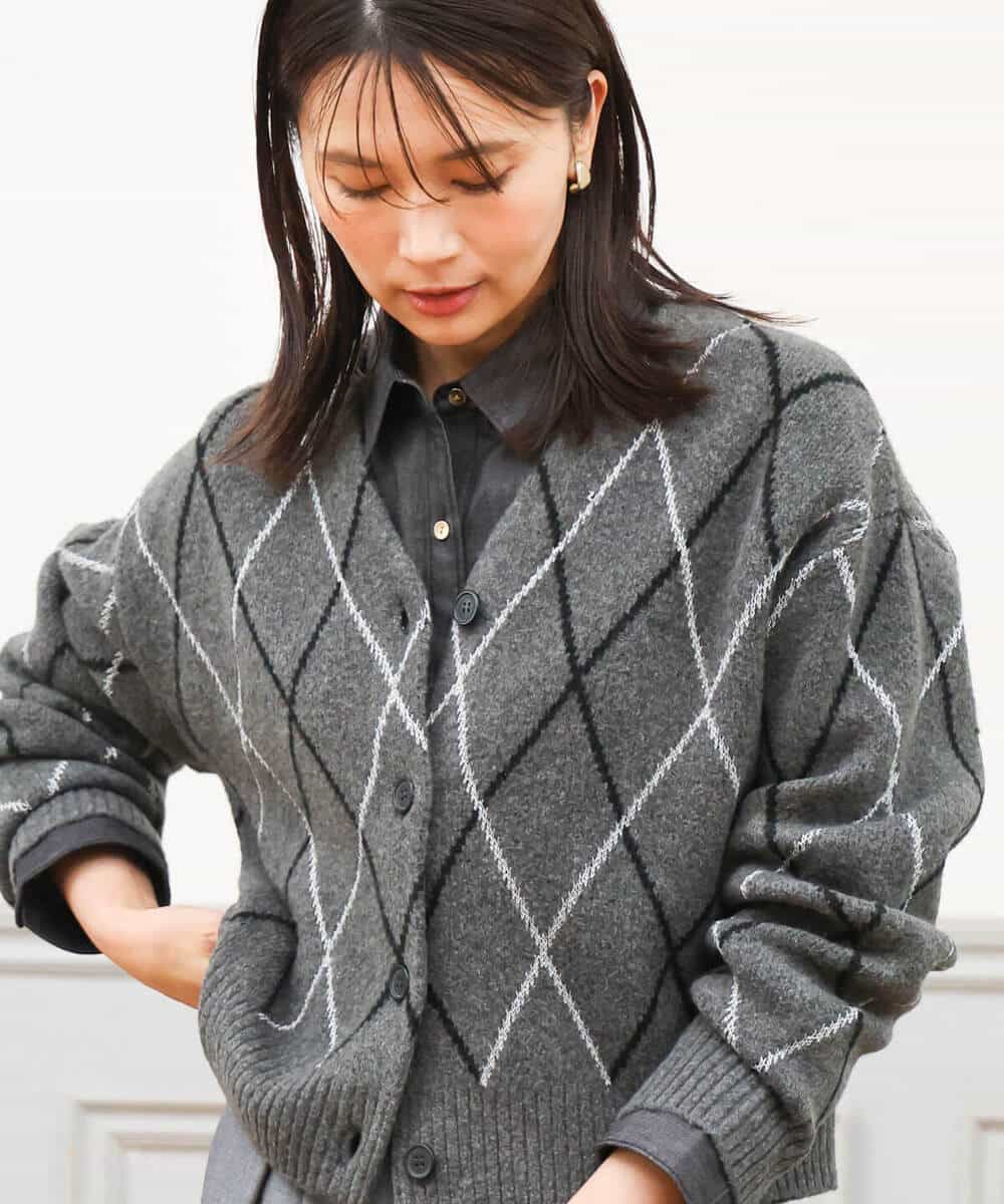 FKSAG42190 MK MICHEL KLEIN(MK ミッシェルクラン) [洗える]ウールジャガードアーガイル柄ニットカーディガン グレー