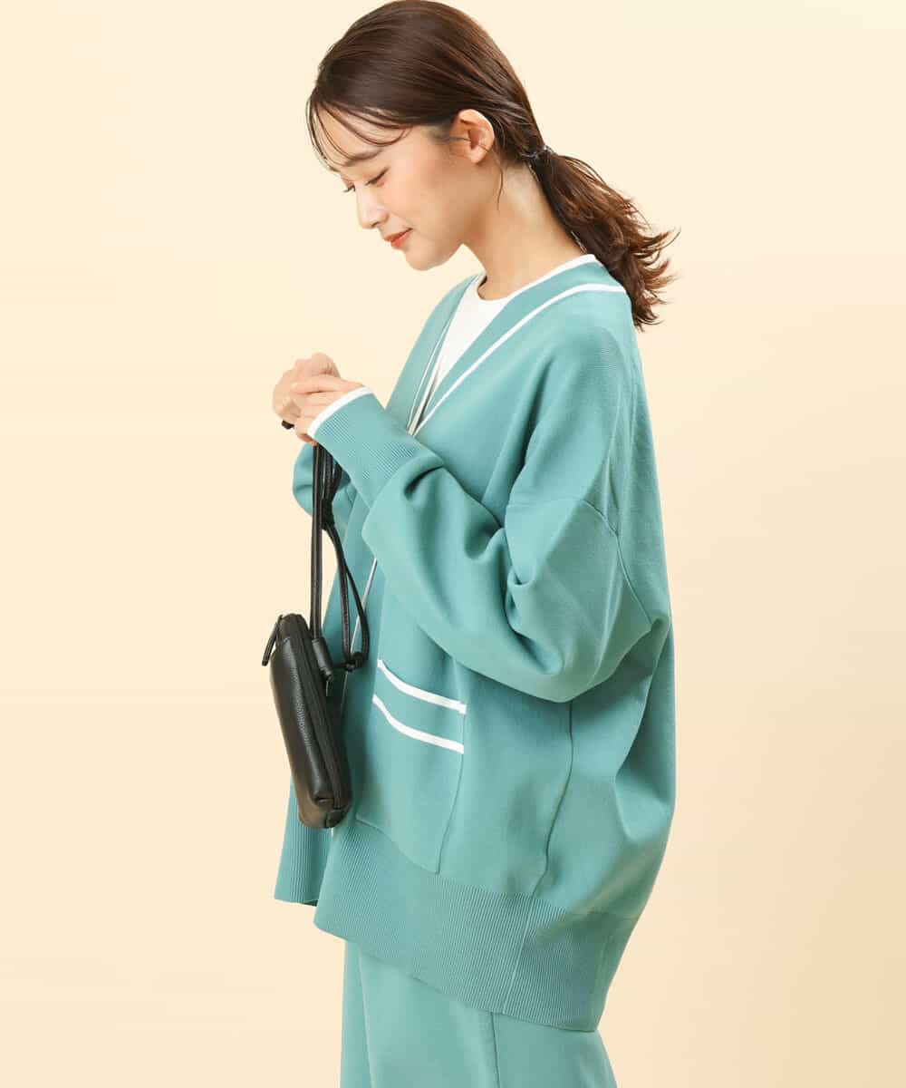 FKSFS01150 MK MICHEL KLEIN(MK ミッシェルクラン) 配色ラインニットカーディガン/洗える グリーン