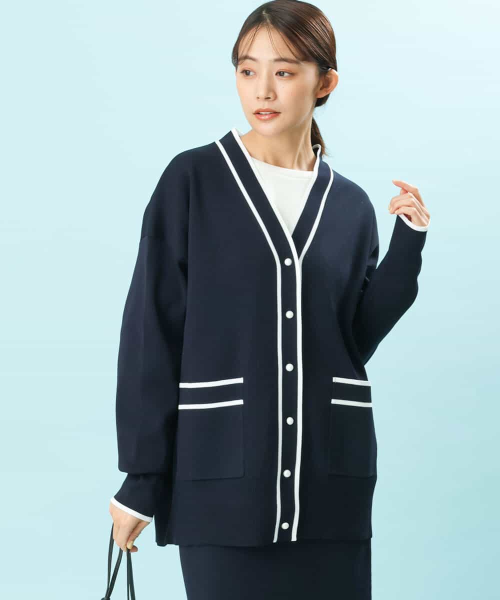 FKSFS01150 MK MICHEL KLEIN(MK ミッシェルクラン) 配色ラインニットカーディガン/洗える ネイビー