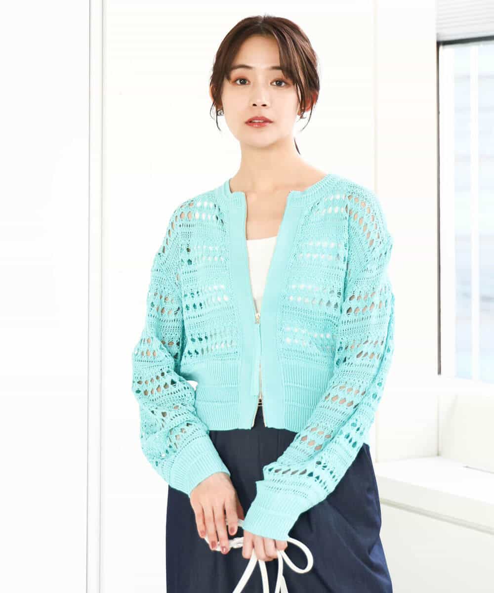 FKSGA30170 MK MICHEL KLEIN(MK ミッシェルクラン) かぎ針風編みニットブルゾン/洗える アクアブルー