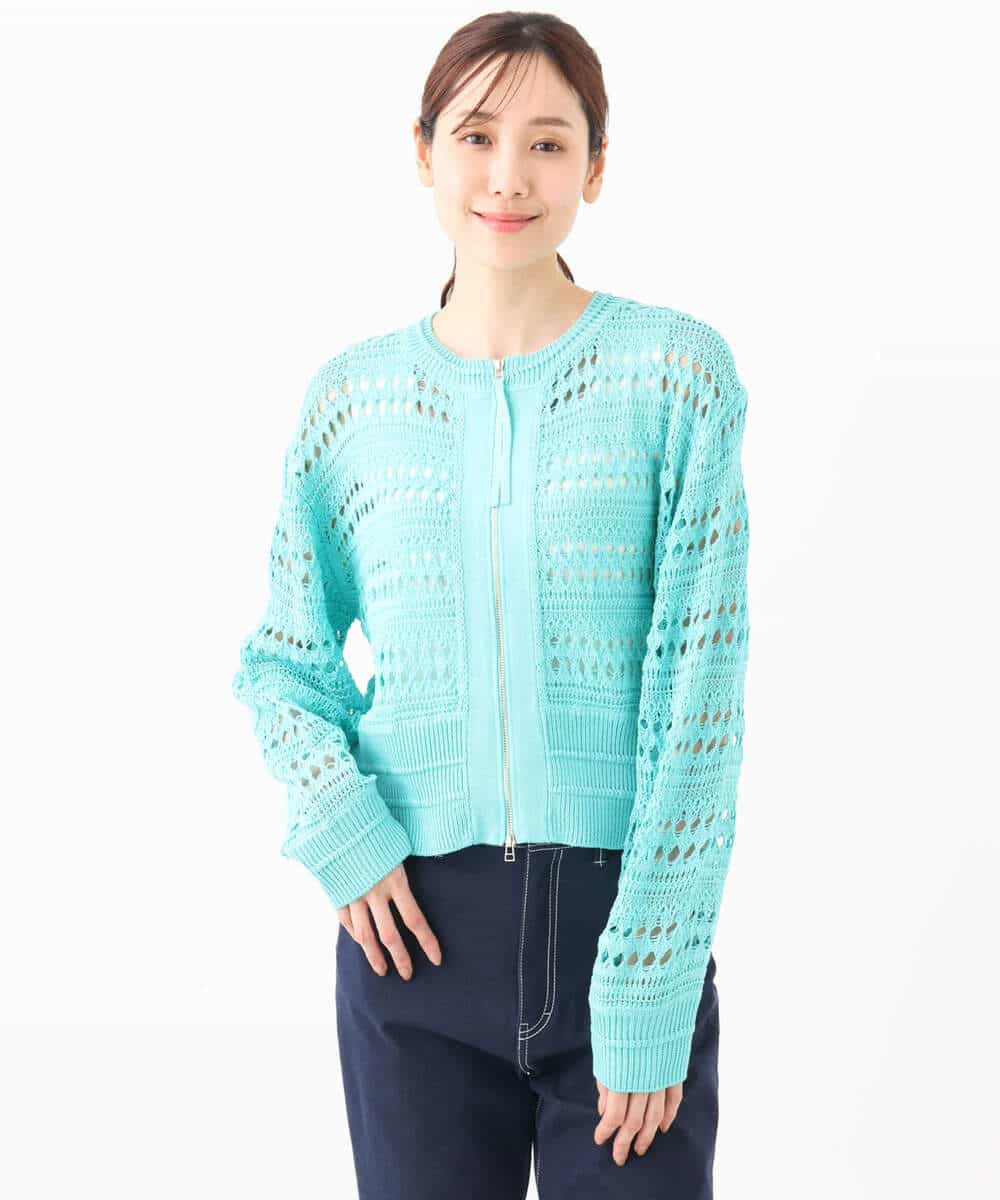FKSGA30170 MK MICHEL KLEIN(MK ミッシェルクラン) かぎ針風編みニットブルゾン/洗える アクアブルー