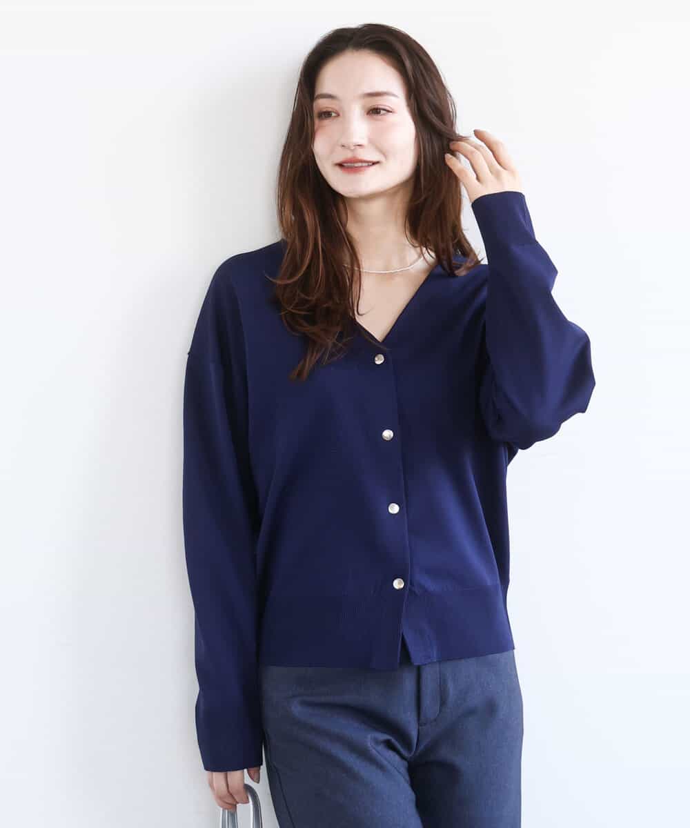 FKSGD21160 MK MICHEL KLEIN(MK ミッシェルクラン) ドット釦Vネックカーディガン(無地・ボーダー)/洗える ネイビー（無地）
