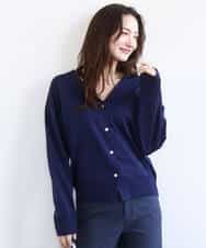 FKSGD21160 MK MICHEL KLEIN(MK ミッシェルクラン) ドット釦Vネックカーディガン(無地・ボーダー)/洗える パープル（無地）