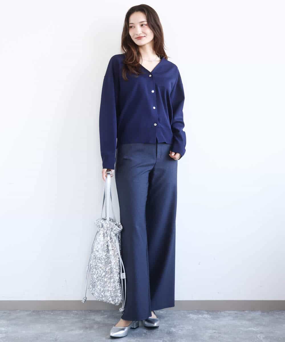 FKSGD21160 MK MICHEL KLEIN(MK ミッシェルクラン) ドット釦Vネックカーディガン(無地・ボーダー)/洗える パープル（無地）