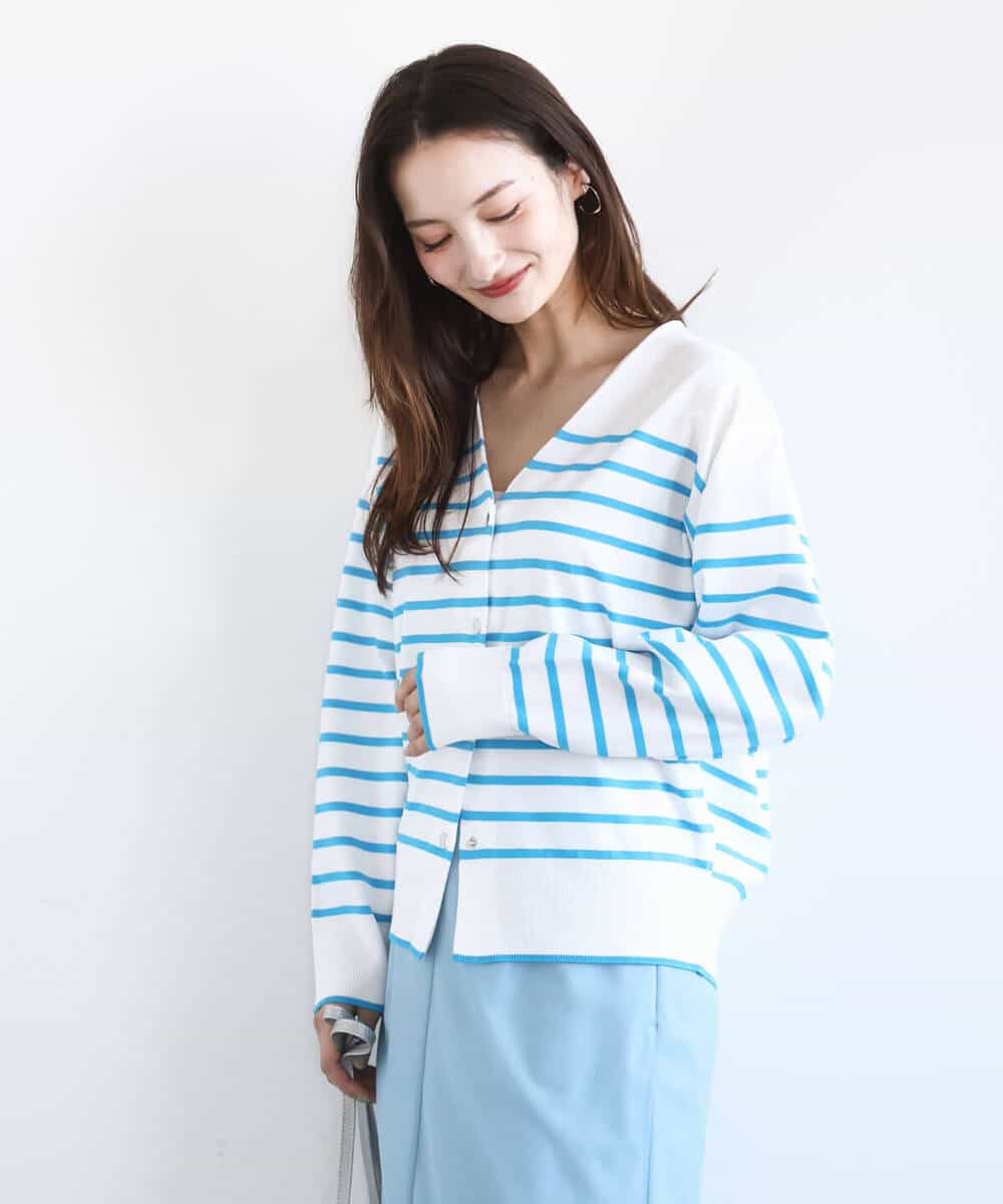 FKSGD21160 MK MICHEL KLEIN(MK ミッシェルクラン) ドット釦Vネックカーディガン(無地・ボーダー)/洗える パープル（無地）