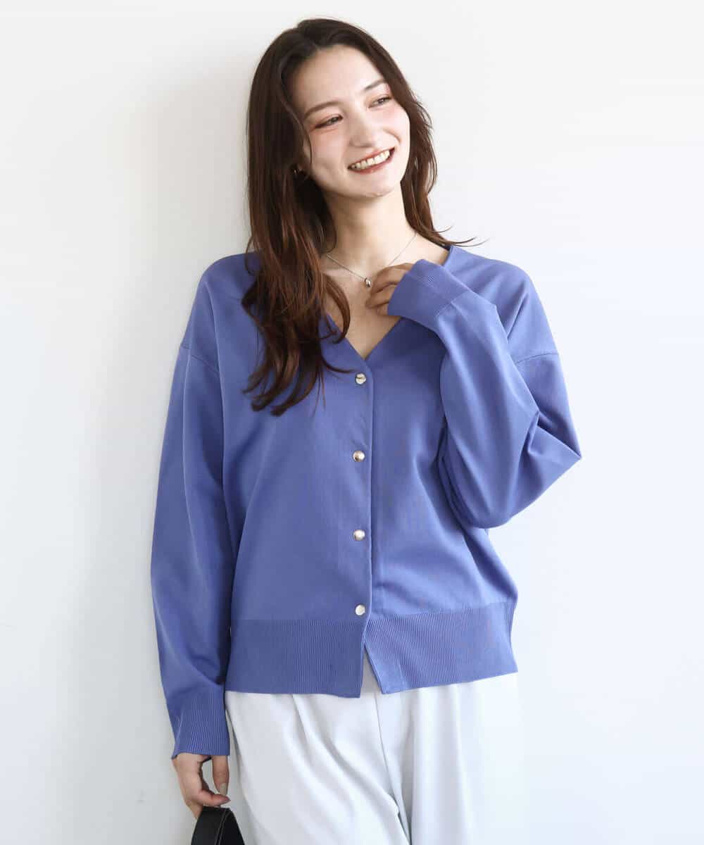 FKSGD21160 MK MICHEL KLEIN(MK ミッシェルクラン) ドット釦Vネックカーディガン(無地・ボーダー)/洗える パープル（無地）