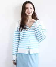 FKSGD21160 MK MICHEL KLEIN(MK ミッシェルクラン) ドット釦Vネックカーディガン(無地・ボーダー)/洗える ホワイト×ブルー（ストライプ）