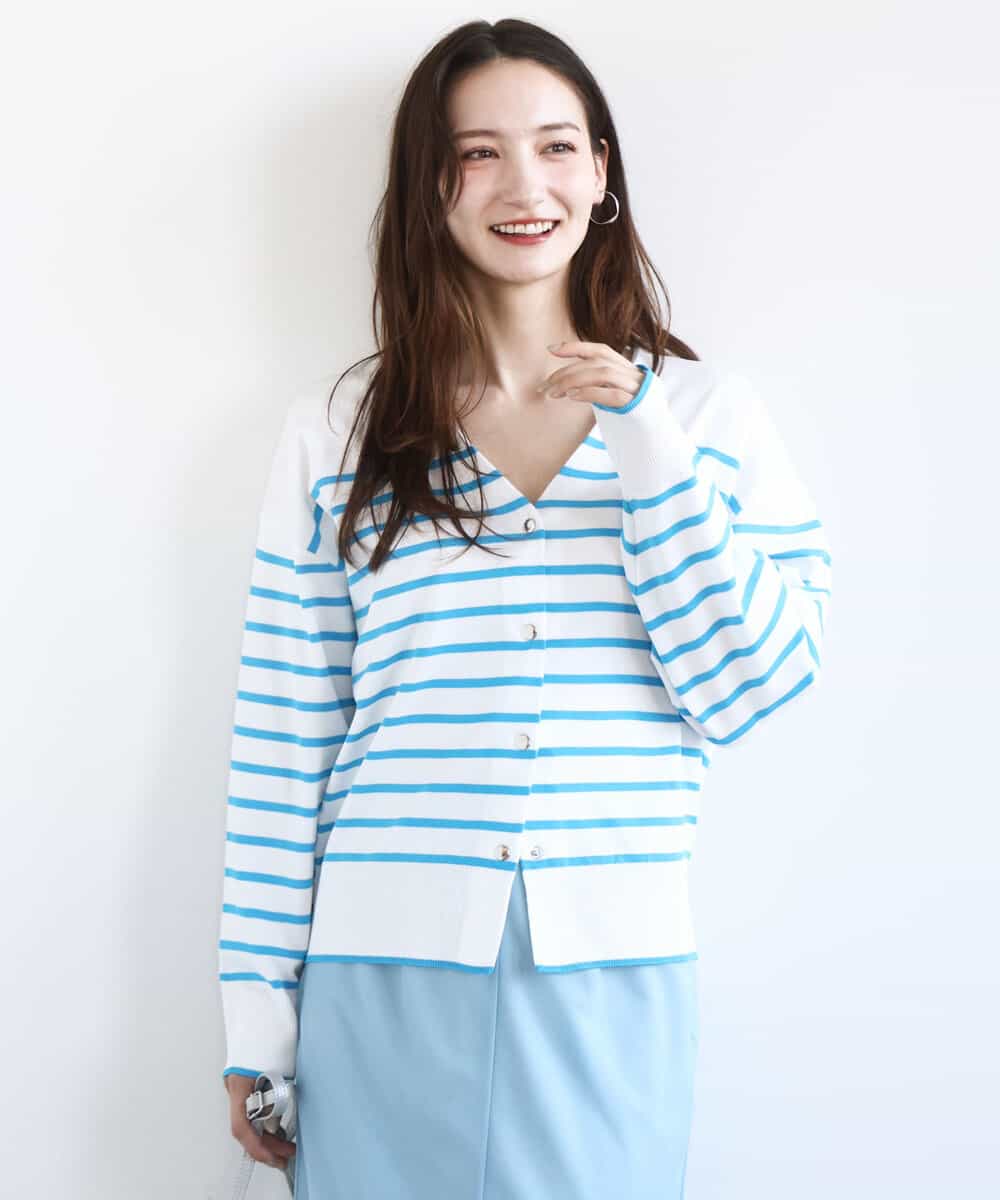 FKSGD21160 MK MICHEL KLEIN(MK ミッシェルクラン) ドット釦Vネックカーディガン(無地・ボーダー)/洗える ホワイト×ブルー（ストライプ）