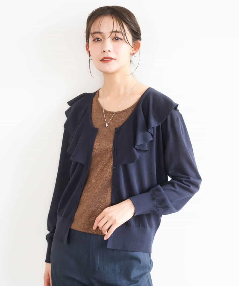 FKSGD41160 MK MICHEL KLEIN(MK ミッシェルクラン) ラッフルフリルデザインカーディガン/接触冷感/UVカット/洗える イエロー